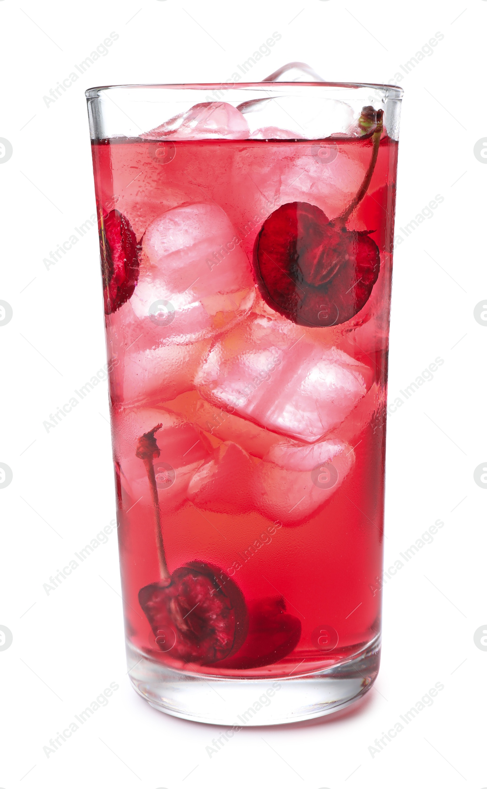 Tasty cherry soda water with ice cubes and berries isolated on white Photo of Tasty cherry soda water with ice cubes and berries isolated on white