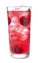 Photo of Tasty cherry soda water with ice cubes and berries isolated on white