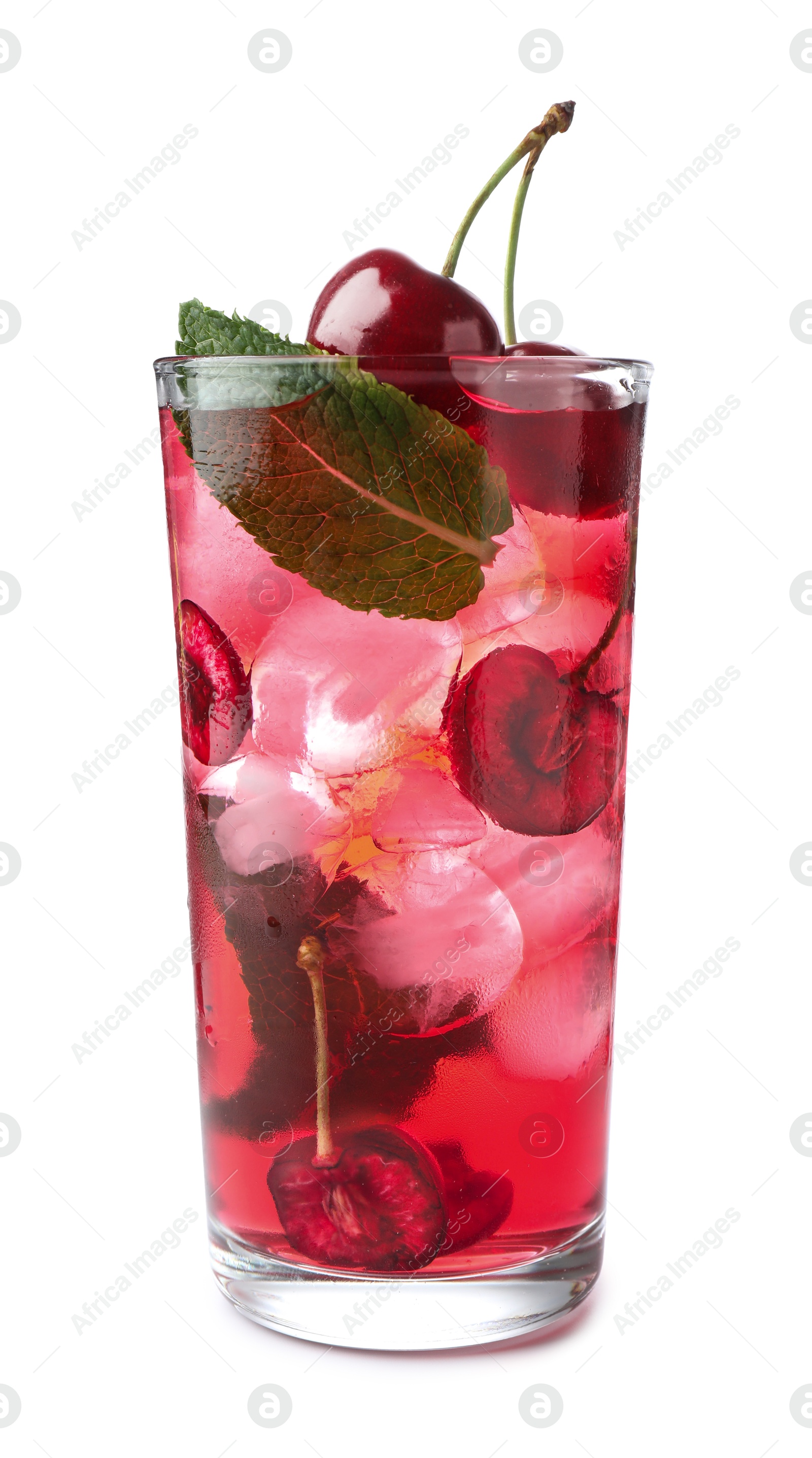 Tasty cherry soda water with ice cubes, berries and mint isolated on white Photo of Tasty cherry soda water with ice cubes, berries and mint isolated on white