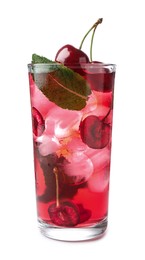 Photo of Tasty cherry soda water with ice cubes, berries and mint isolated on white