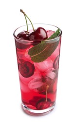 Photo of Tasty cherry soda water with ice cubes, berries and mint isolated on white
