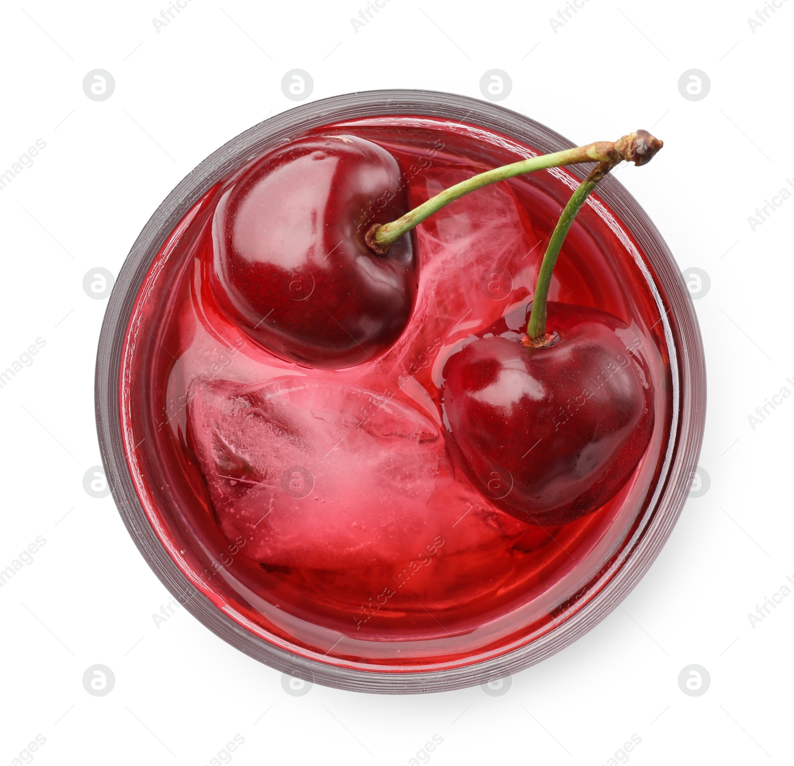 Tasty cherry soda water with ice cubes and berries isolated on white, top view Photo of Tasty cherry soda water with ice cubes and berries isolated on white, top view