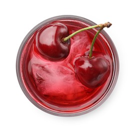 Photo of Tasty cherry soda water with ice cubes and berries isolated on white, top view