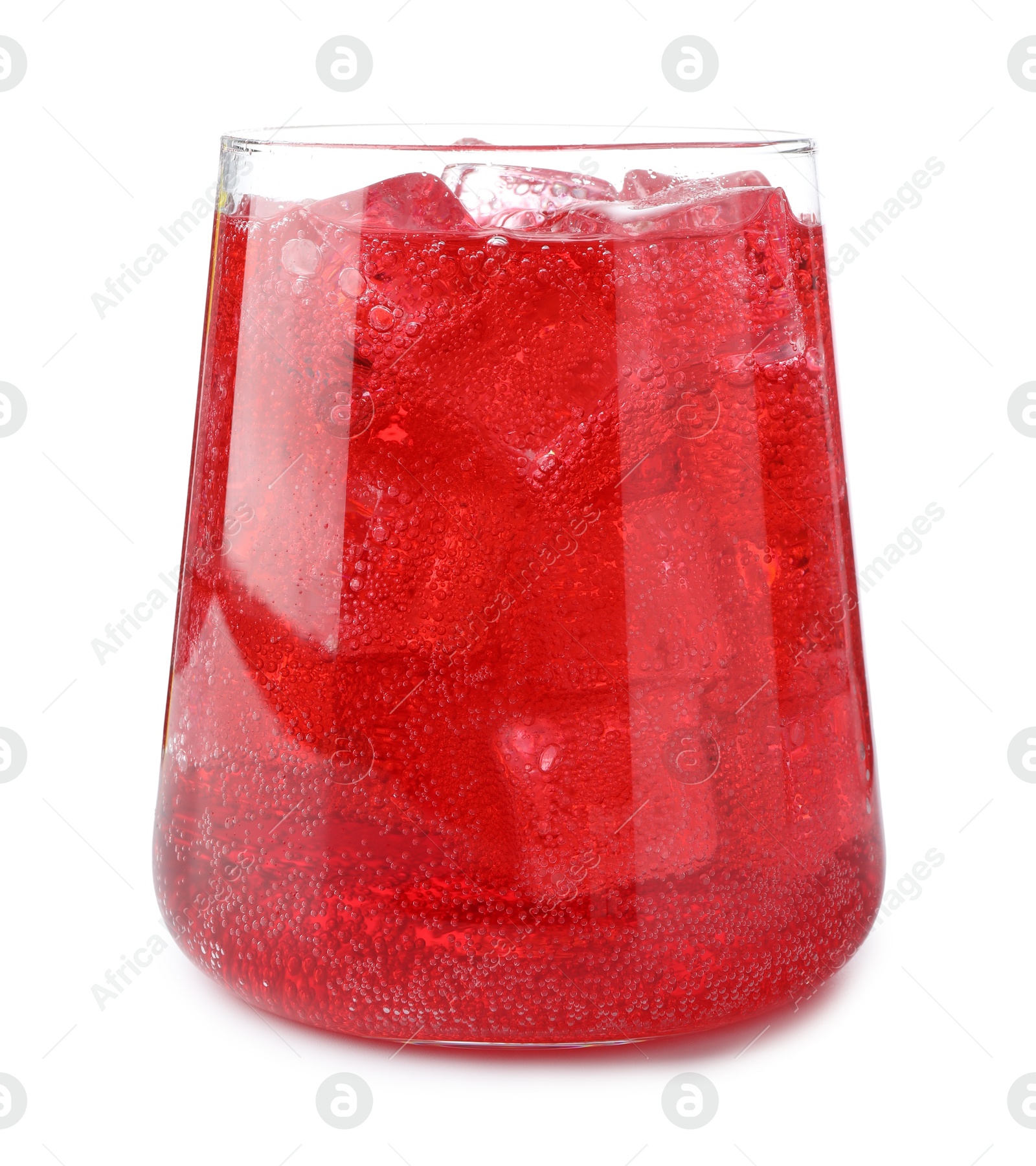 Tasty cherry soda water with ice cubes isolated on white Photo of Tasty cherry soda water with ice cubes isolated on white