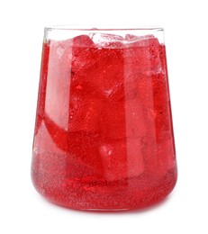 Photo of Tasty cherry soda water with ice cubes isolated on white