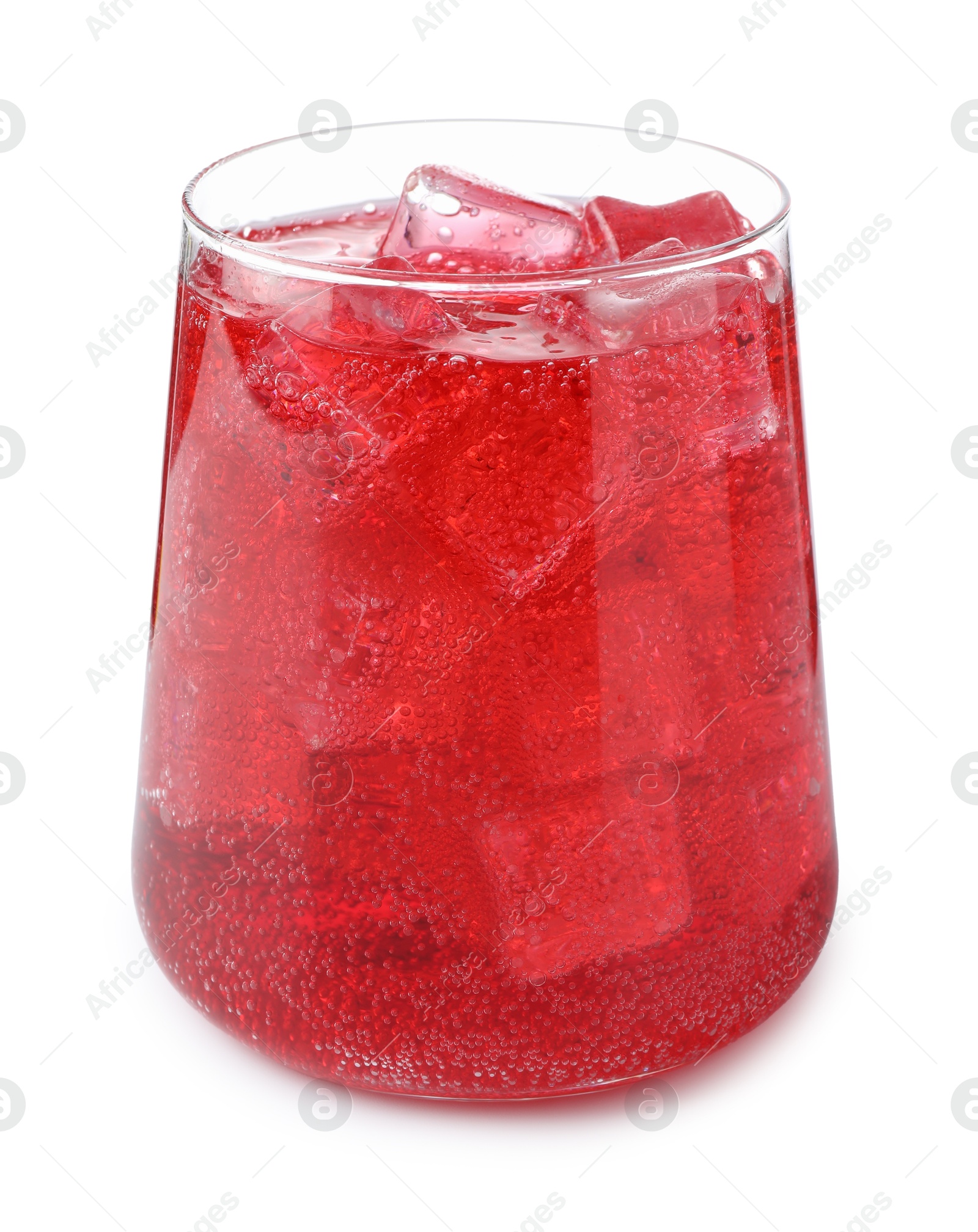 Tasty cherry soda water with ice cubes isolated on white Photo of Tasty cherry soda water with ice cubes isolated on white
