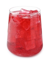 Photo of Tasty cherry soda water with ice cubes isolated on white