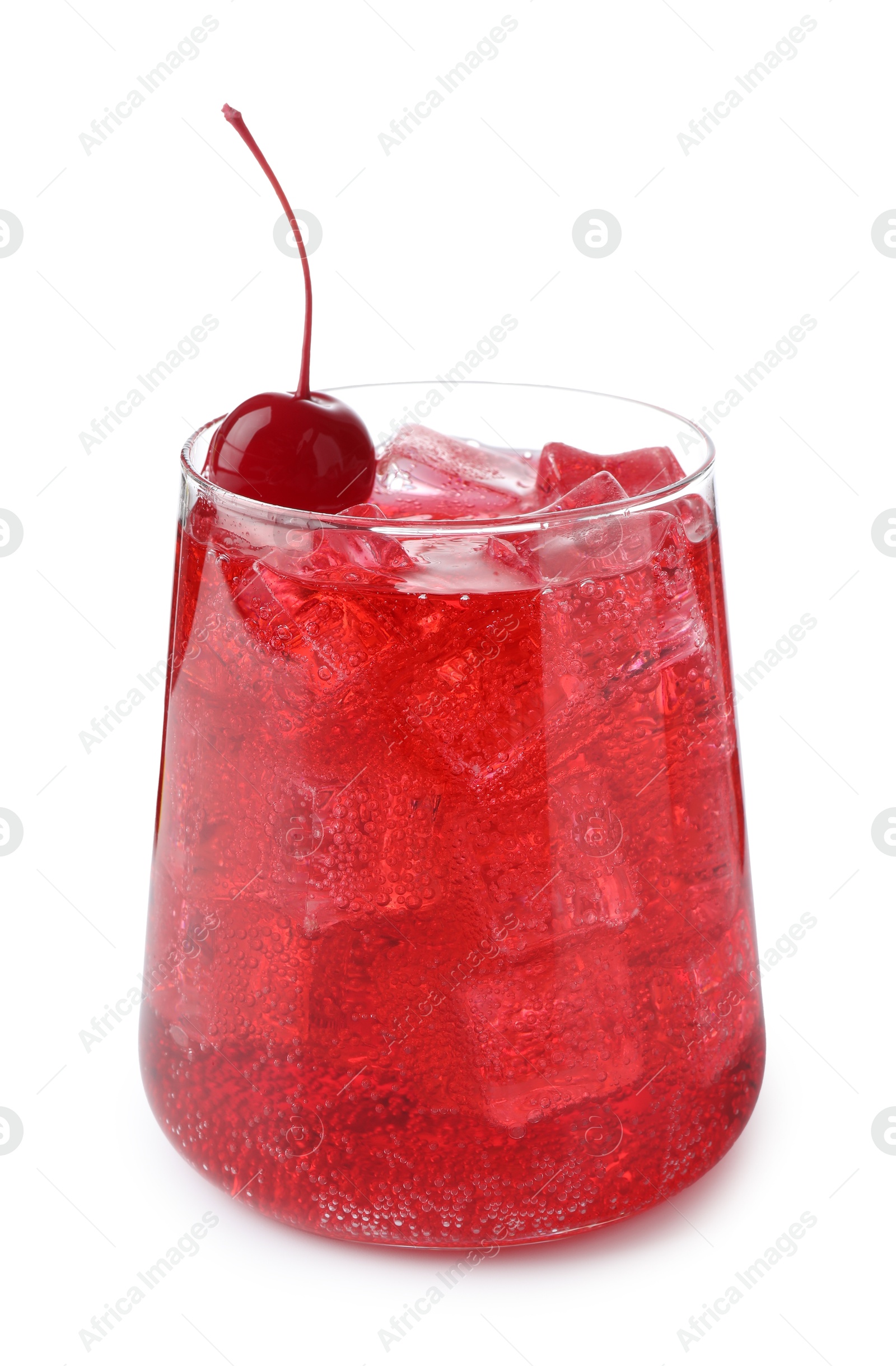 Tasty cherry soda water with ice cubes and berry isolated on white Photo of Tasty cherry soda water with ice cubes and berry isolated on white