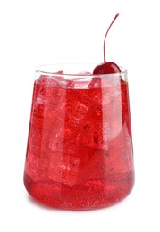 Photo of Tasty cherry soda water with ice cubes and berry isolated on white