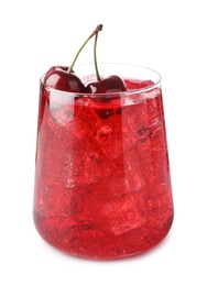 Photo of Tasty cherry soda water with ice cubes and berries isolated on white