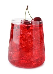 Photo of Tasty cherry soda water with ice cubes and berries isolated on white