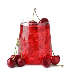 Photo of Tasty cherry soda water with ice cubes and berries isolated on white
