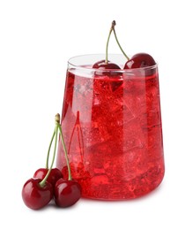 Photo of Tasty cherry soda water with ice cubes and berries isolated on white