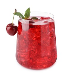 Photo of Tasty cherry soda water with ice cubes, berries and mint isolated on white