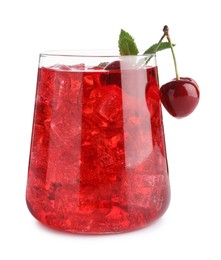 Photo of Tasty cherry soda water with ice cubes, berries and mint isolated on white