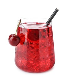 Photo of Tasty cherry soda water with ice cubes and berries isolated on white