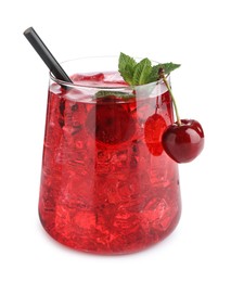 Photo of Tasty cherry soda water with ice cubes, berries and mint isolated on white