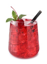 Photo of Tasty cherry soda water with ice cubes, berries and mint isolated on white
