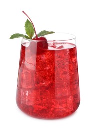 Photo of Tasty cherry soda water with ice cubes, berries and mint isolated on white