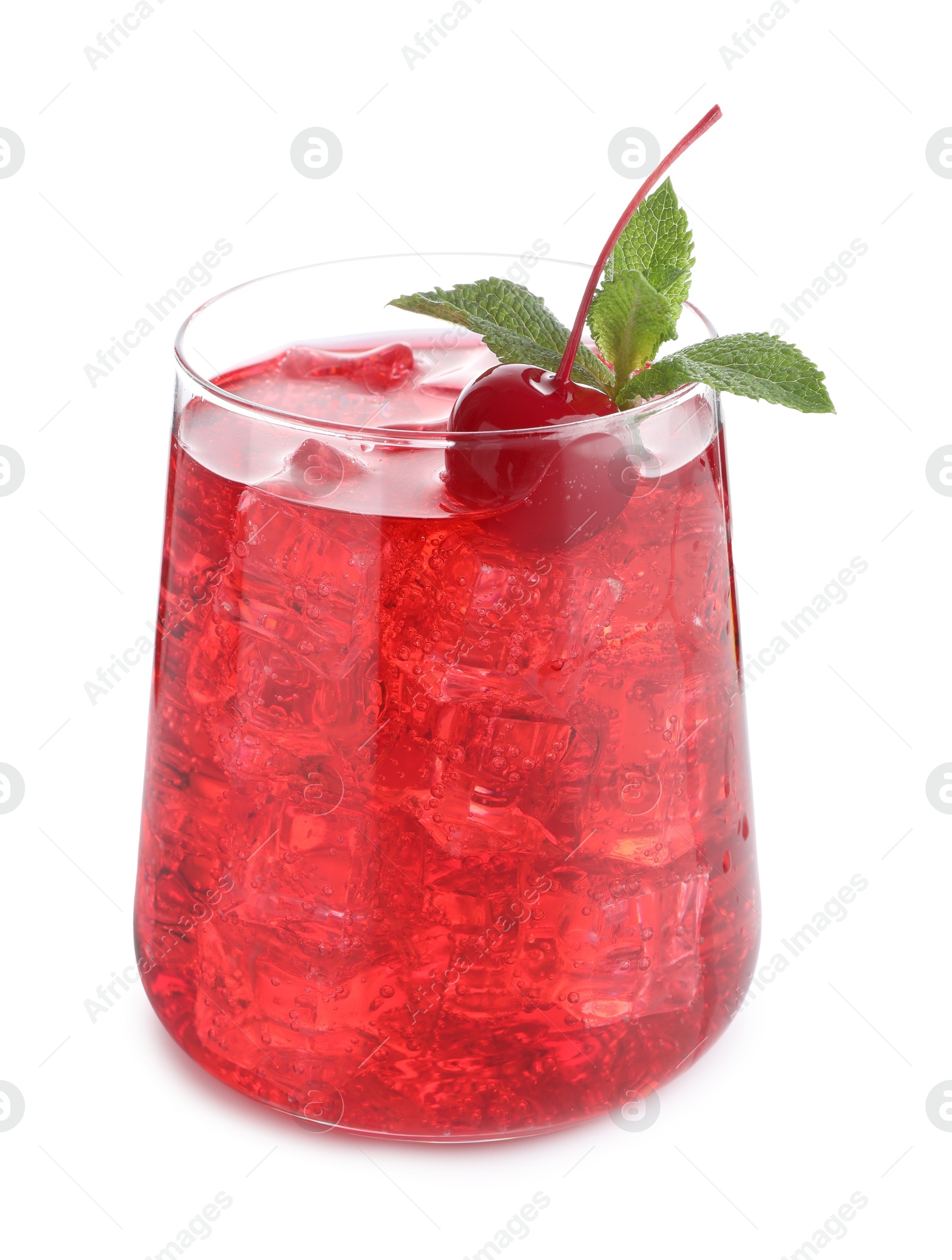 Tasty cherry soda water with ice cubes, berries and mint isolated on white Photo of Tasty cherry soda water with ice cubes, berries and mint isolated on white