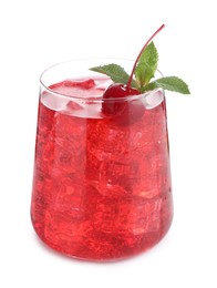 Photo of Tasty cherry soda water with ice cubes, berries and mint isolated on white