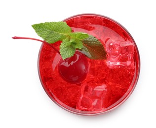 Photo of Tasty cherry soda water with ice cubes, berries and mint isolated on white, top view