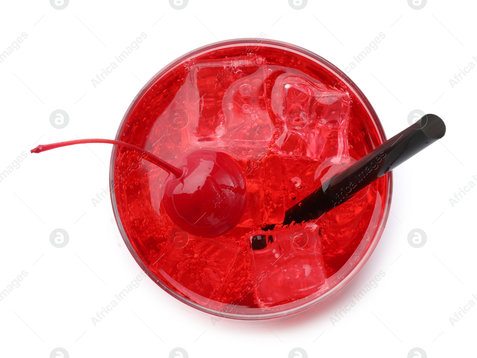 Tasty cherry soda water with ice cubes and berry isolated on white, top view Photo of Tasty cherry soda water with ice cubes and berry isolated on white, top view