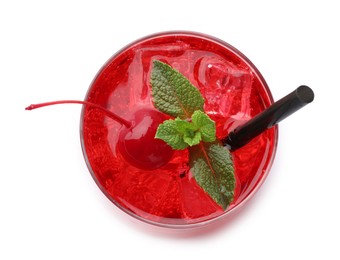 Photo of Tasty cherry soda water with ice cubes, berries and mint isolated on white, top view