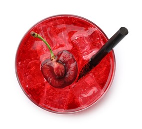Photo of Tasty cherry soda water with ice cubes and berry isolated on white, top view