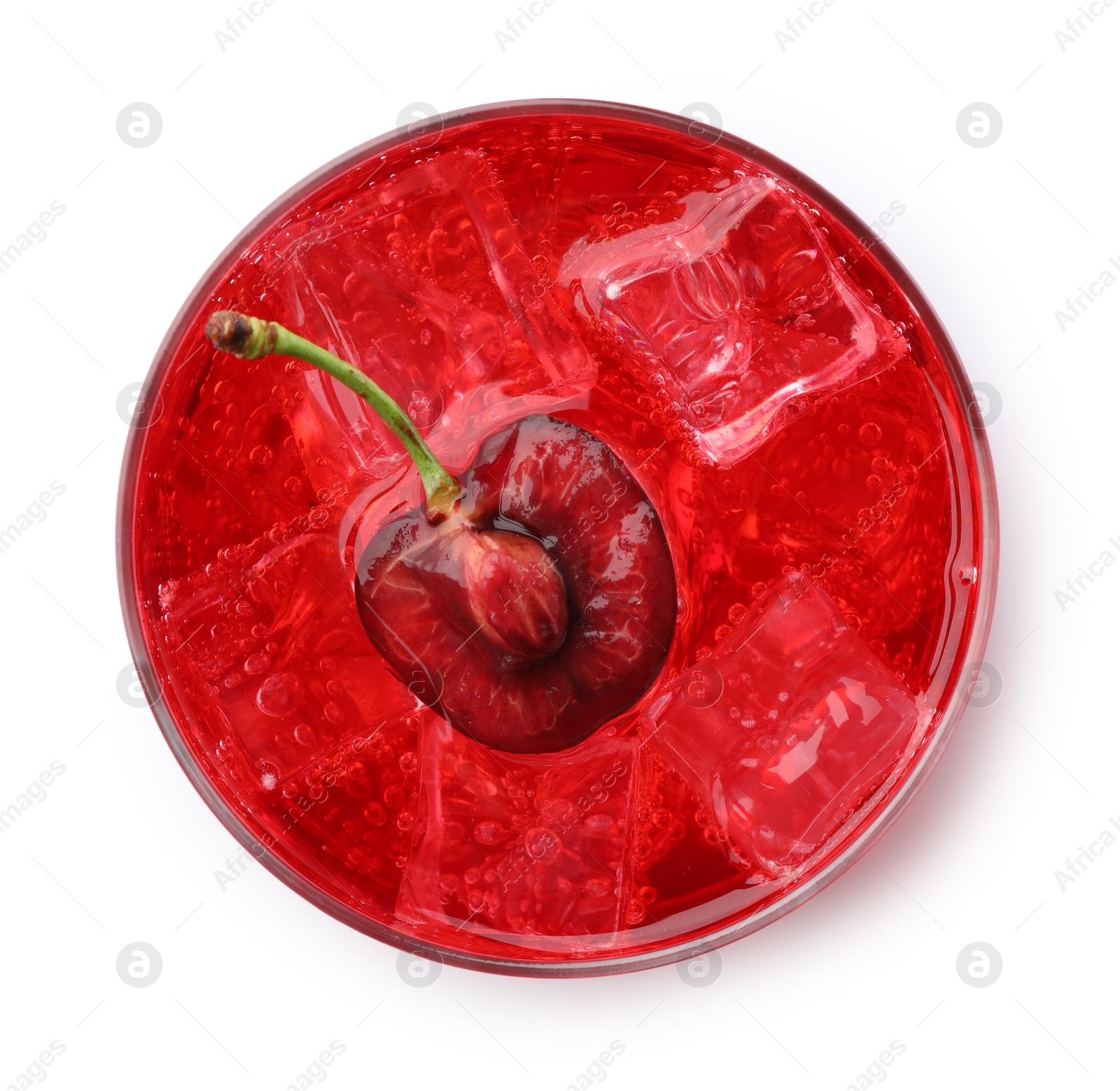 Tasty cherry soda water with ice cubes and berry isolated on white, top view Photo of Tasty cherry soda water with ice cubes and berry isolated on white, top view