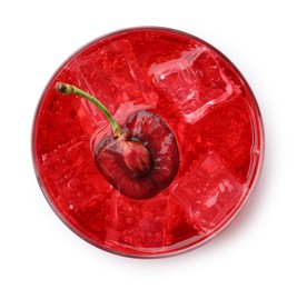Photo of Tasty cherry soda water with ice cubes and berry isolated on white, top view