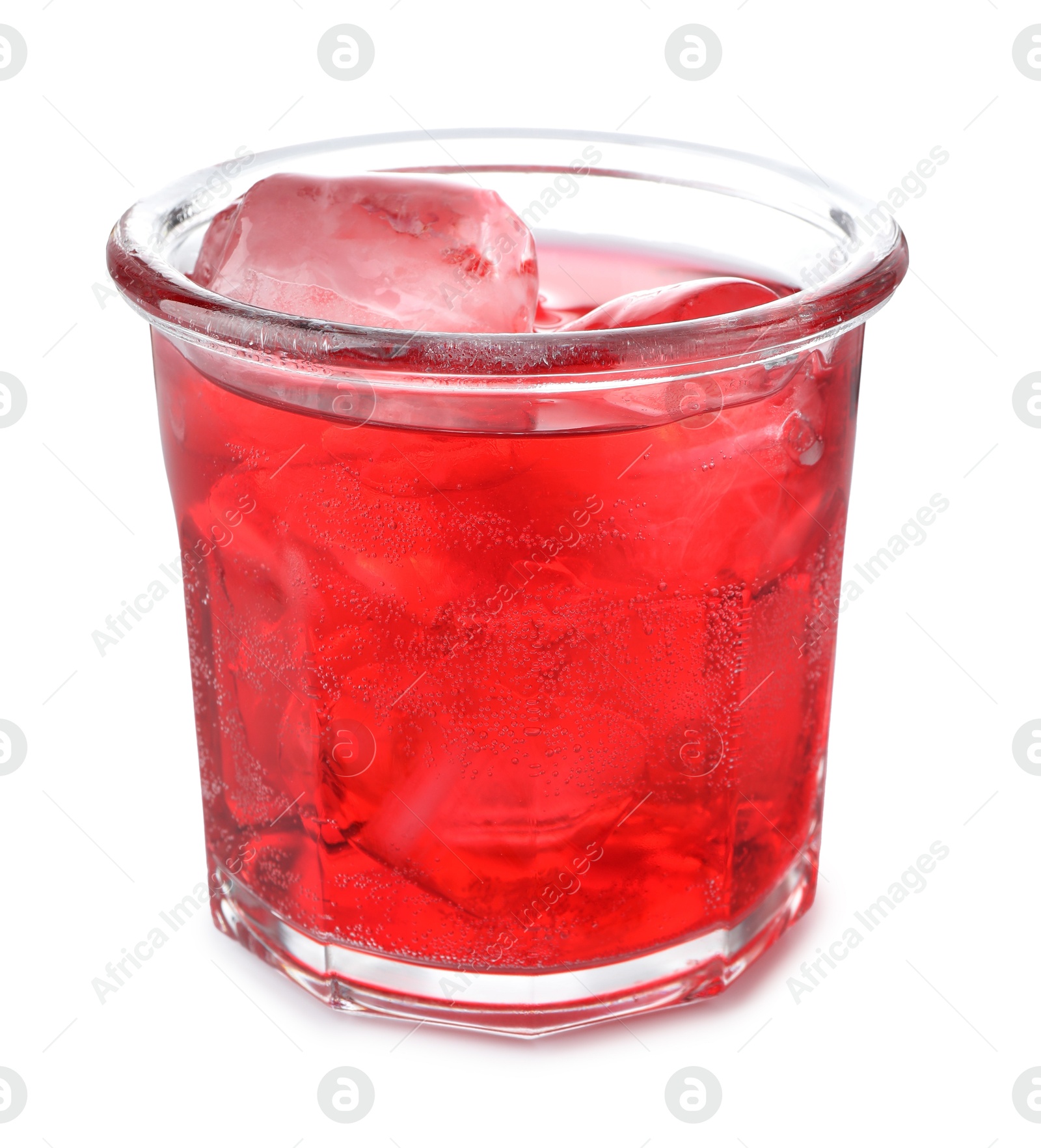 Tasty cherry soda water with ice cubes isolated on white Photo of Tasty cherry soda water with ice cubes isolated on white