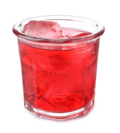 Photo of Tasty cherry soda water with ice cubes isolated on white