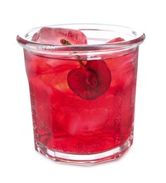 Photo of Tasty cherry soda water with ice cubes and berry isolated on white