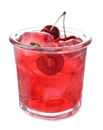 Photo of Tasty cherry soda water with ice cubes and berries isolated on white