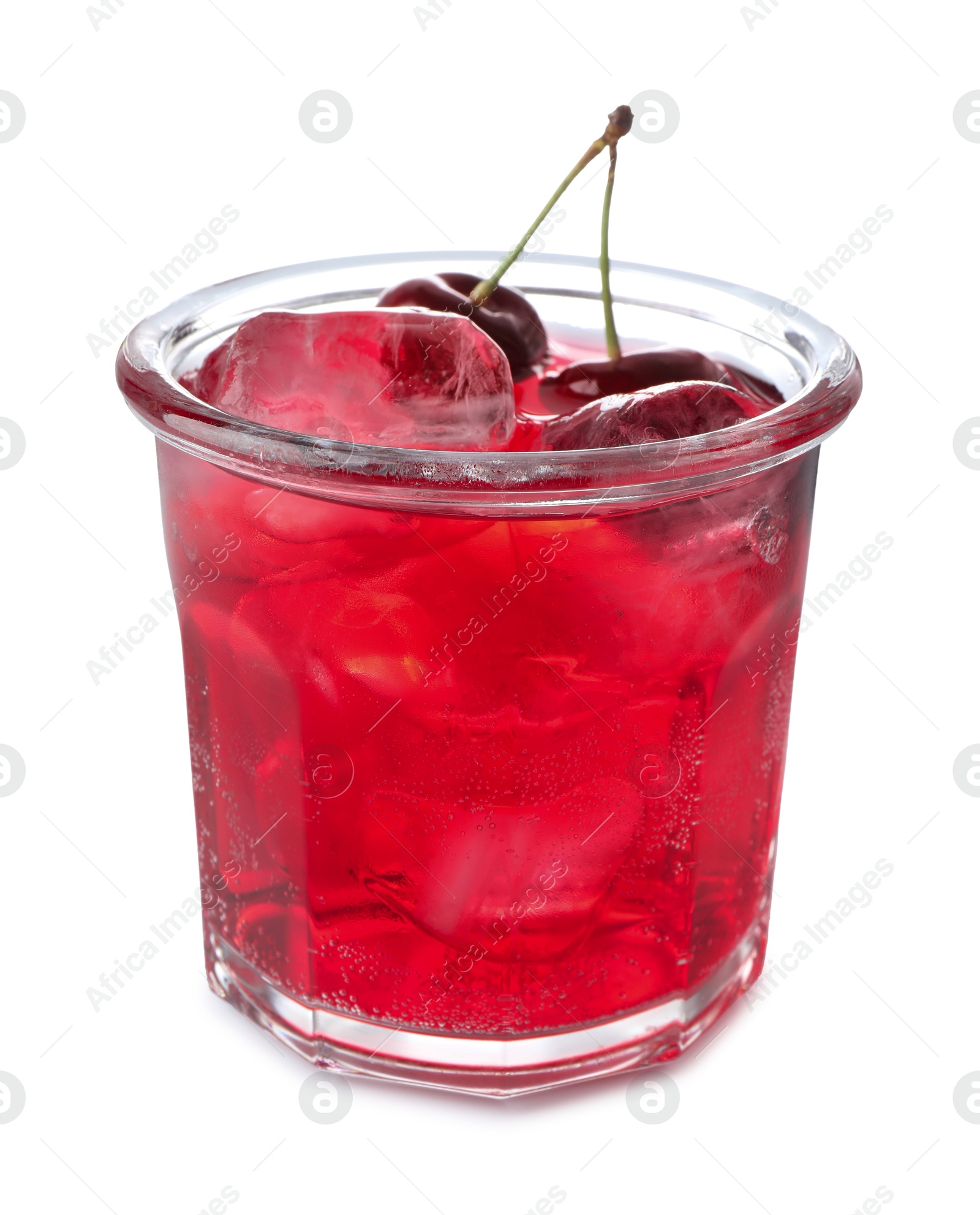 Tasty cherry soda water with ice cubes and berries isolated on white Photo of Tasty cherry soda water with ice cubes and berries isolated on white