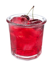 Photo of Tasty cherry soda water with ice cubes and berries isolated on white