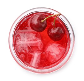 Photo of Tasty cherry soda water with ice cubes and berries isolated on white, top view
