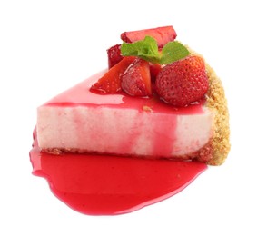 Photo of Piece of tasty cheesecake with strawberries, sauce and mint isolated on white