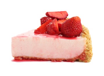 Photo of Piece of tasty cheesecake with strawberries and sauce isolated on white