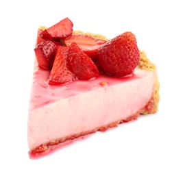 Photo of Piece of tasty cheesecake with strawberries and sauce isolated on white
