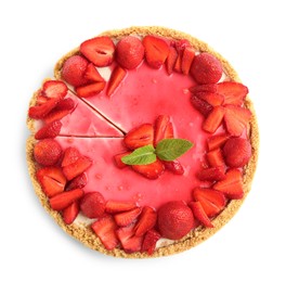 Photo of Delicious cheesecake with strawberries and mint isolated on white, top view