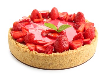 Photo of Delicious cheesecake with strawberries and mint isolated on white