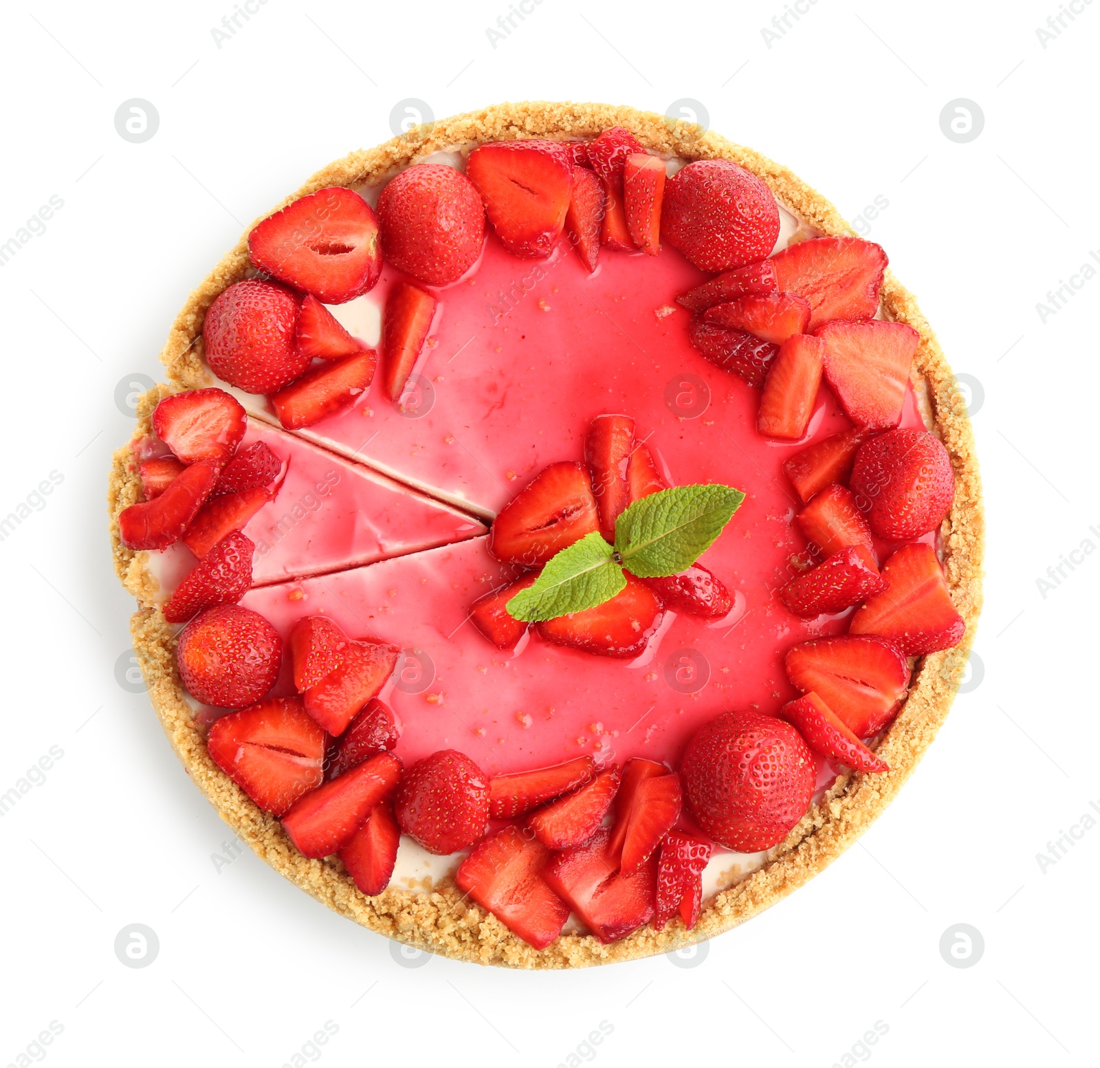 Photo of Delicious cheesecake with strawberries and mint isolated on white, top view