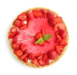 Photo of Delicious cheesecake with strawberries and mint isolated on white, top view