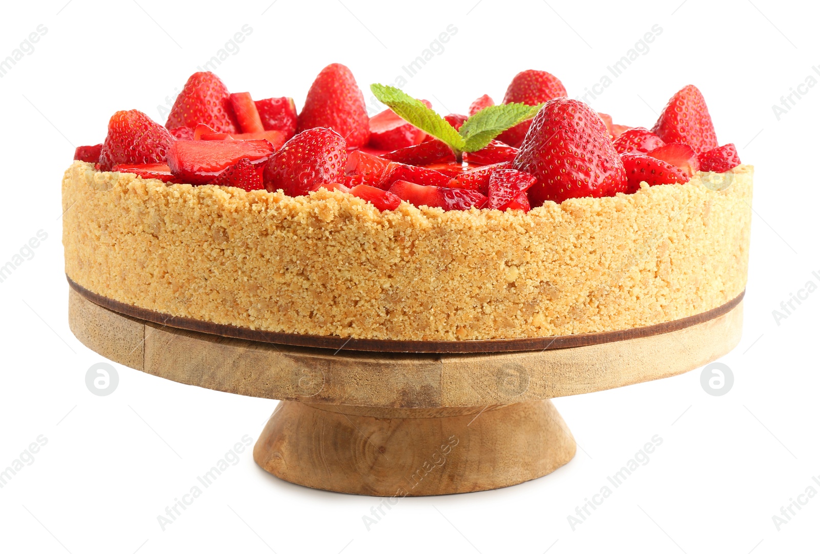 Delicious cheesecake with strawberries and mint isolated on white Photo of Delicious cheesecake with strawberries and mint isolated on white