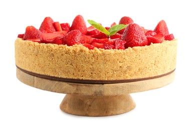 Photo of Delicious cheesecake with strawberries and mint isolated on white