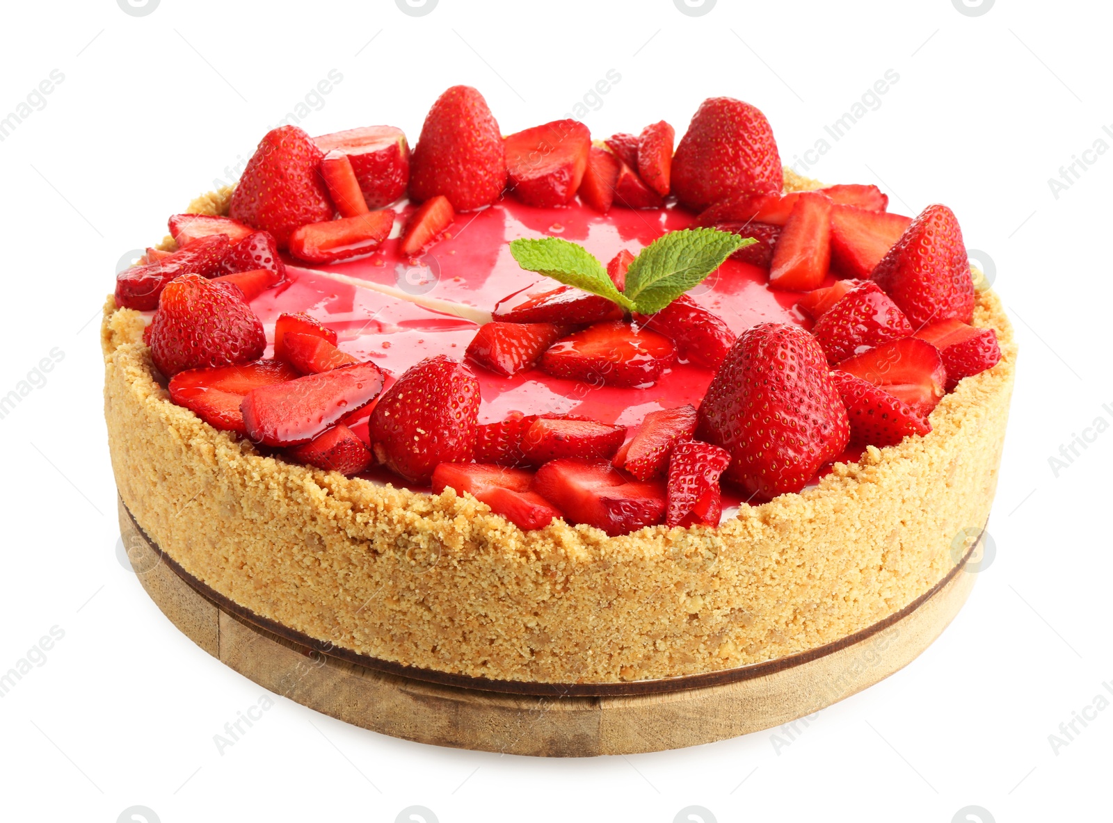 Photo of Delicious cheesecake with strawberries and mint isolated on white