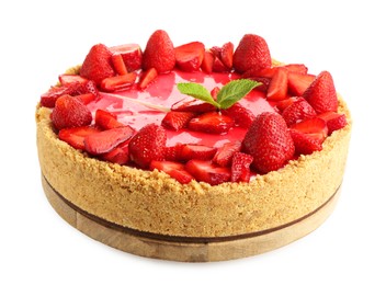 Photo of Delicious cheesecake with strawberries and mint isolated on white