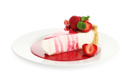 Photo of Piece of tasty cheesecake with strawberries, sauce and mint isolated on white